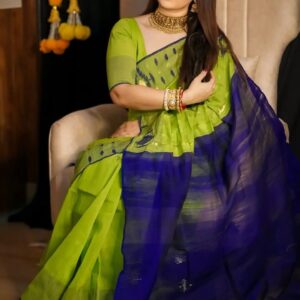Neon Green and Blue Colorblock Saree