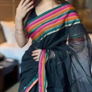 Black Cotton Saree with Striped Border