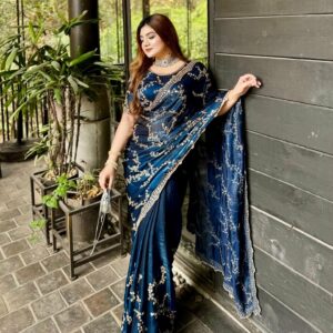 Indigo Blue Sequin Border Saree