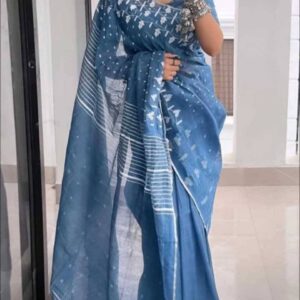 Slate Blue Linen Floral Print Saree